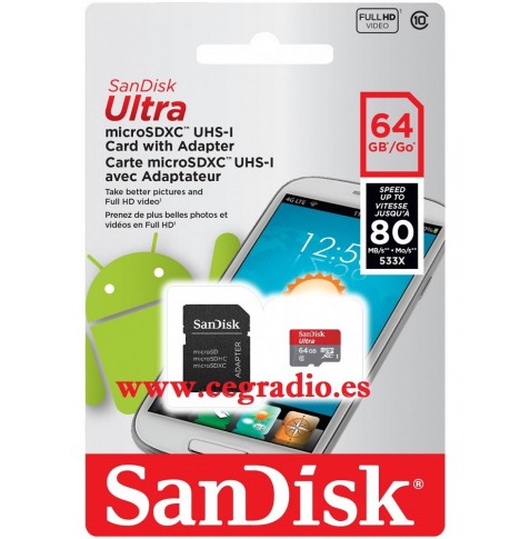 SanDisk 64 GB Ultra microsDHC Clase 10 Vista Blister