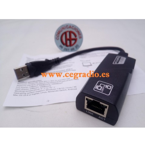Cable Adaptador USB 3.0 a Red RJ45 Gigabit Ethernet LAN 10-100-1000 Mbps Vista General