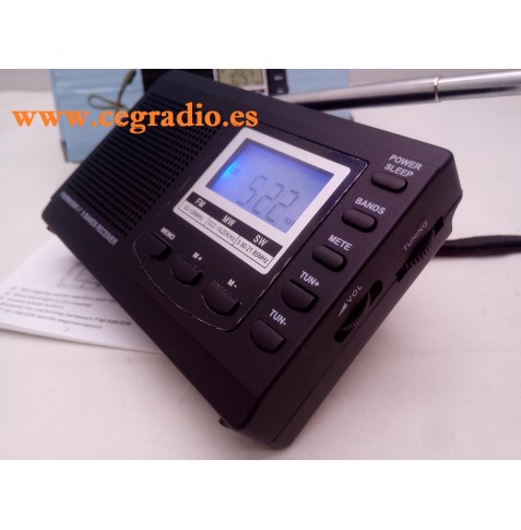 HRD-310 Radio Receptor Portatil FM AM-MW SW Alarma Reloj Digital Vista Inclinada