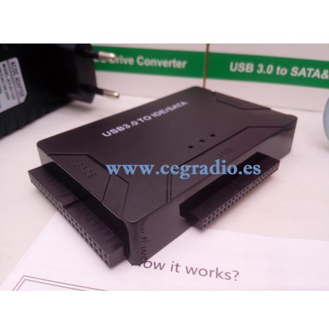 3 En 1 Adaptador USB 3.0 a Disco Duro SATA IDE ATA SSD 2,5” 3,5” Para PC Vista Lateral Izq